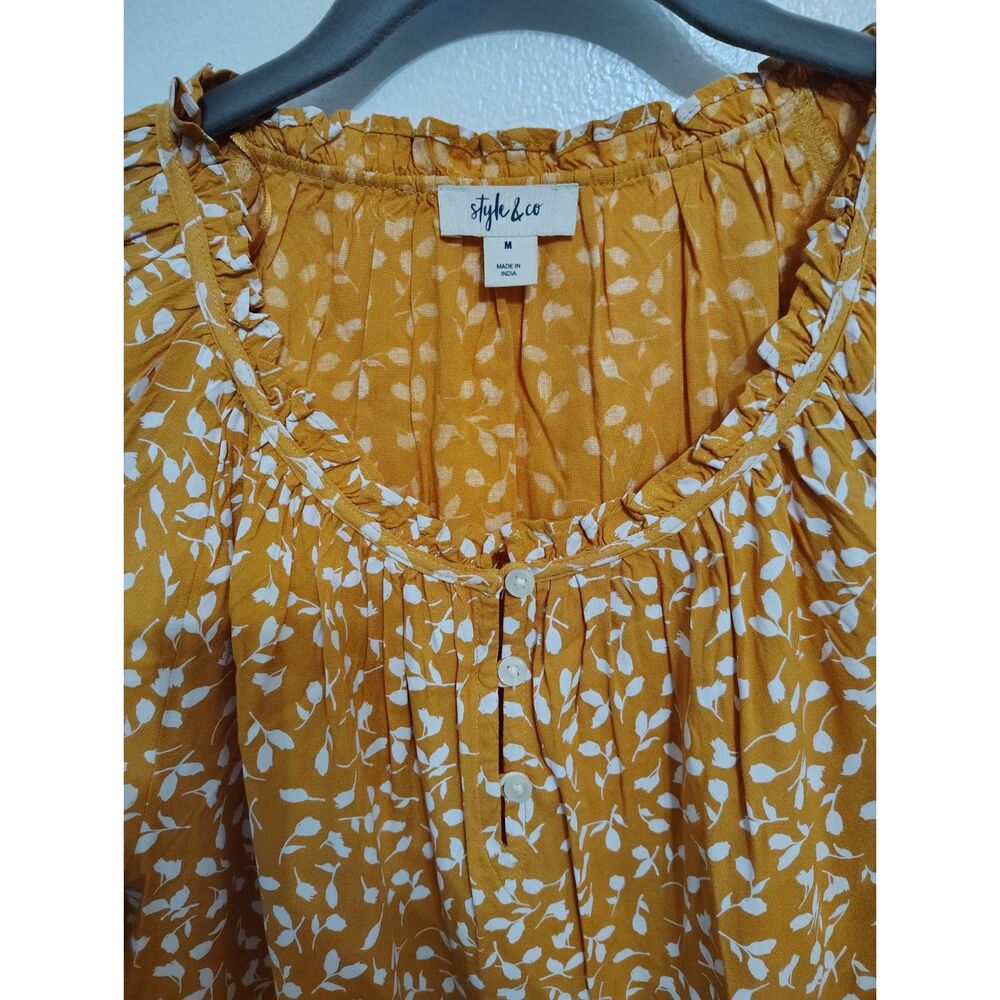 Style & Co Mustard Yellow White Floral Peasant Blouse Ruffle Boho Top Medium - Picture 5 of 6